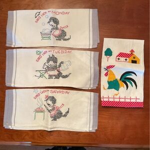 4 Mid-Century Embroidered Kitchen Towels